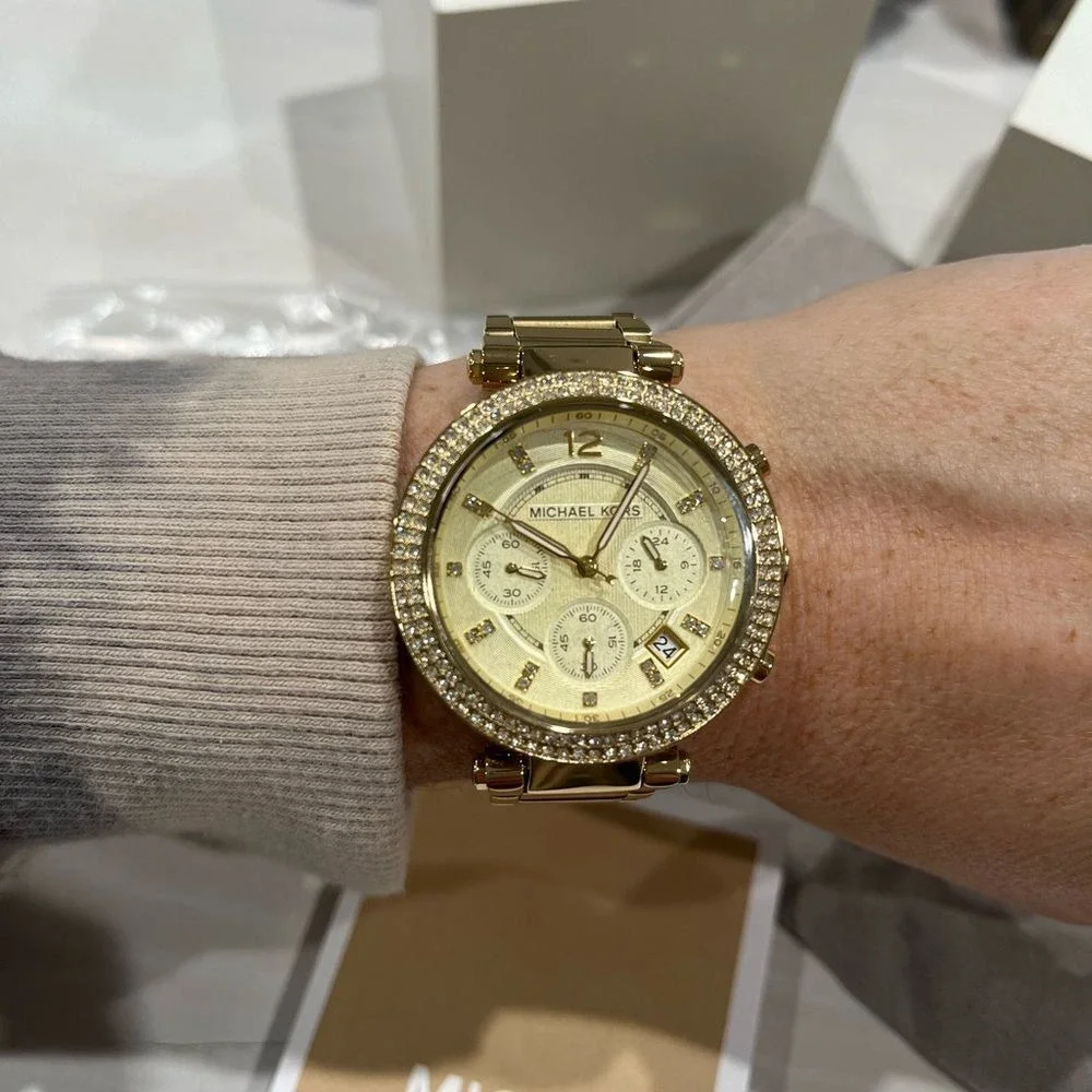 Michael Kors jeweled gold colored‎ watch with box, bag, pillow needs batteries